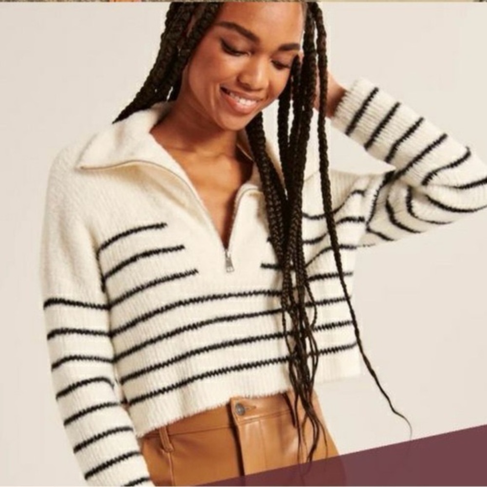 Abercrombie & Fitch Soft A&F Collection striped fuzzy half zip sweater